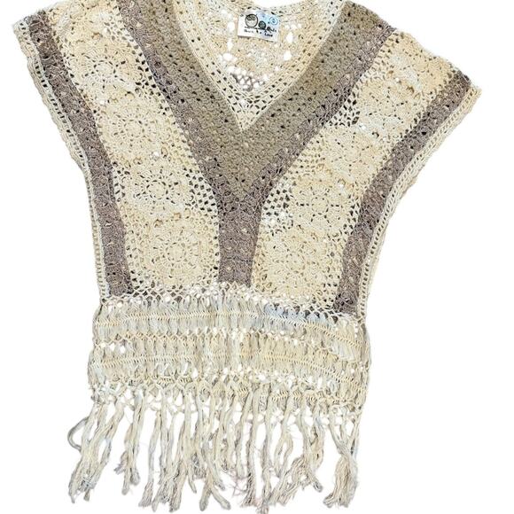 Peace & Love Women’s Medium Ivory & Taupe Crochet V-Neck Sweater Fringe Bottom - Picture 1 of 4